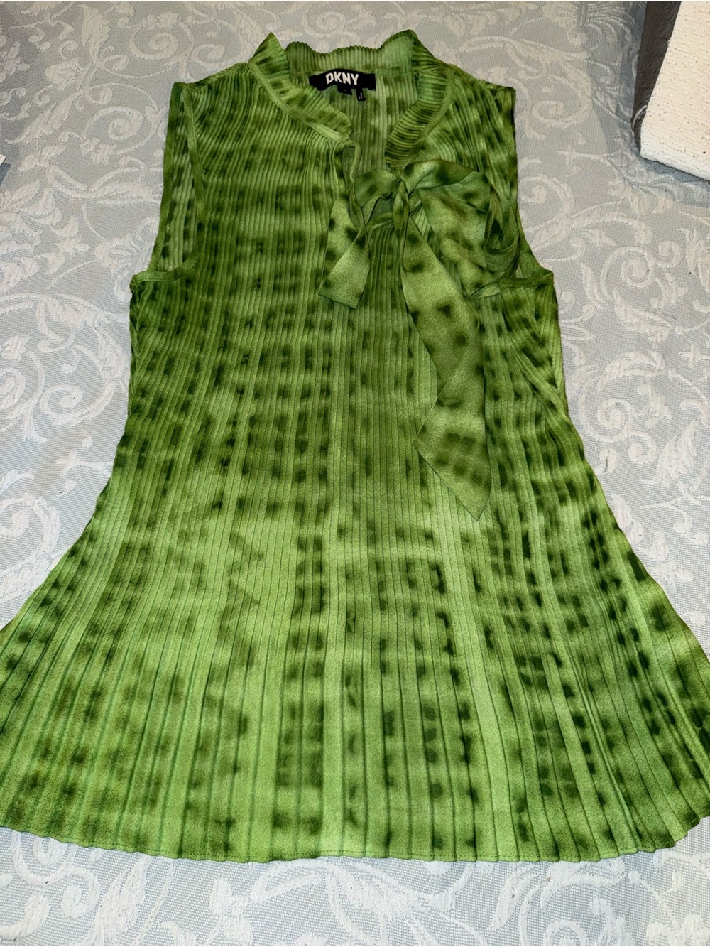 DKNY Lime Green Pleated Tie-Neck Blouse